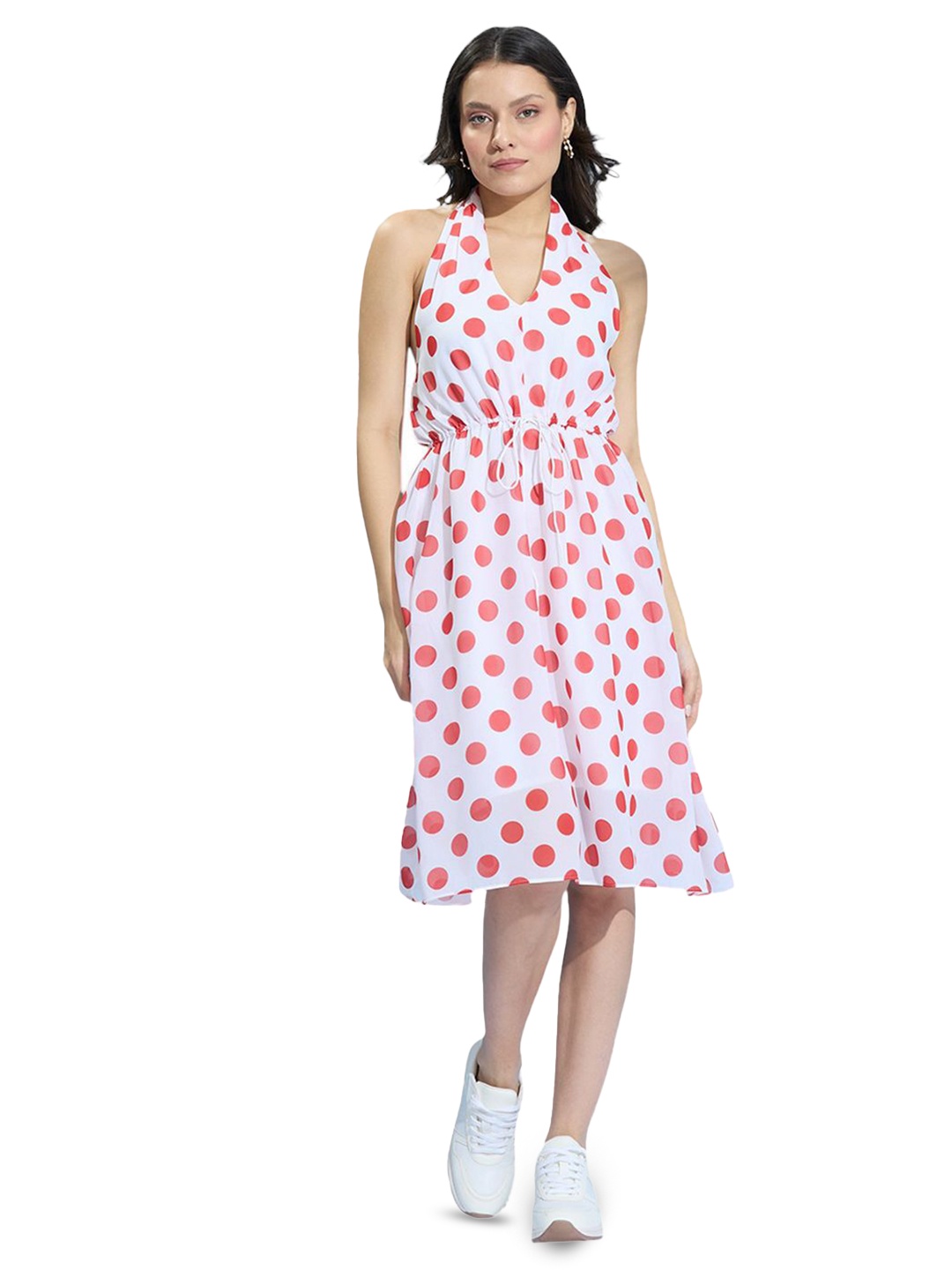 

HERE&NOW Polka Dot Print Tie-Up Neck Georgette Fit & Flare Dress, Red