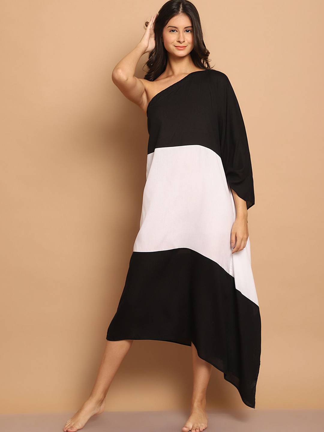 

Blissence One Shoulder Kimono Sleeve Kaftan Maxi Dress, Black