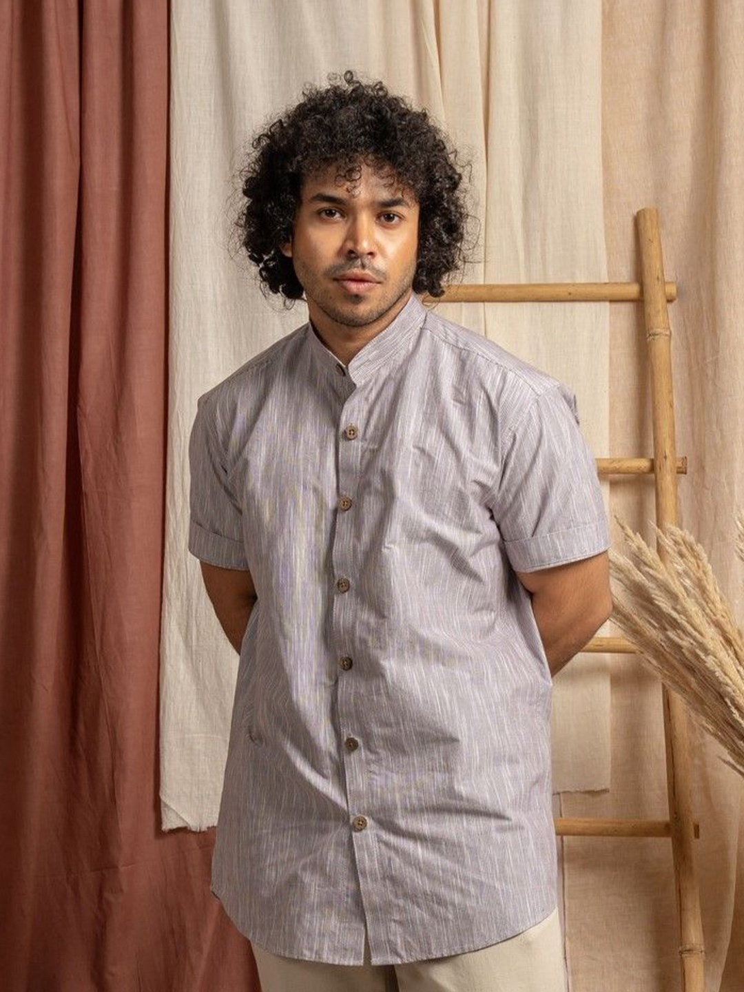 

Weavers Stores Men Relaxed Band Collar Vertical Striped Khadi Casual Shirt, Grey