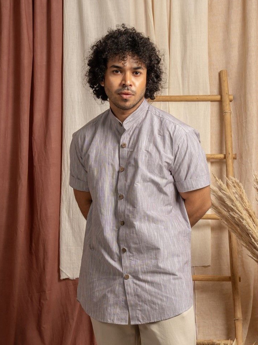 

Weavers Stores Men Relaxed Band Collar Vertical Striped Khadi Casual Shirt, Grey