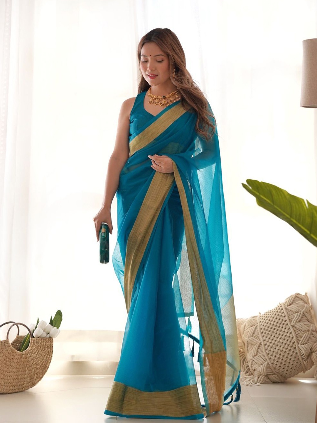 

KALINI Zari Organza Chanderi Saree, Turquoise blue