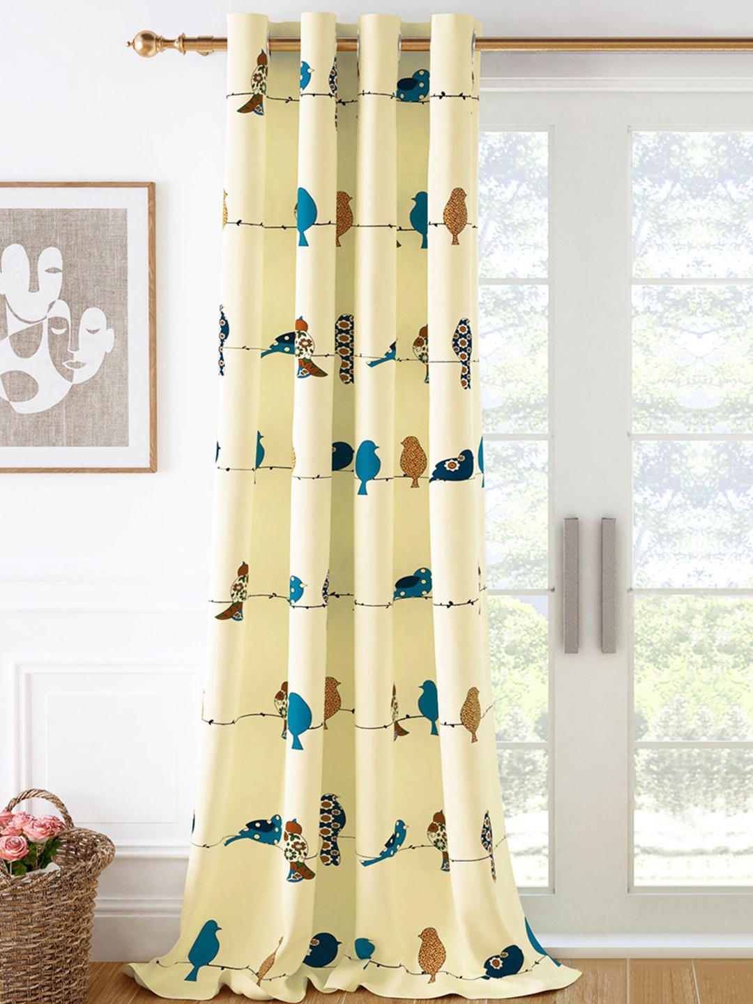 

Story@home Yellow & Blue Birds Printed Cotton Room Darkening Long Door Curtain