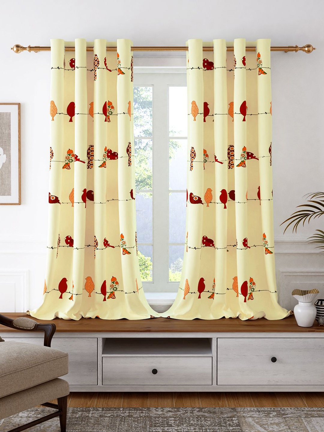 

Story@home Yellow & Red 2 Pieces Birds Printed Cotton Room Darkening Window Curtains