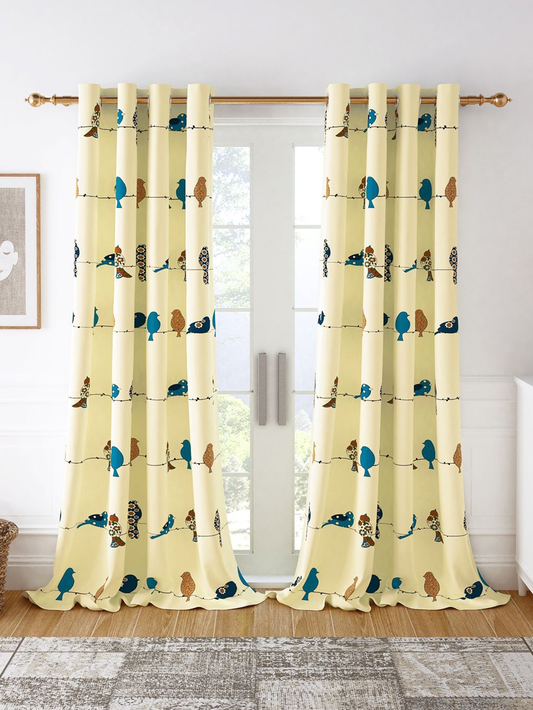 

Story@home Yellow & Blue 2 Pieces Birds Printed Cotton Room Darkening Long Door Curtain