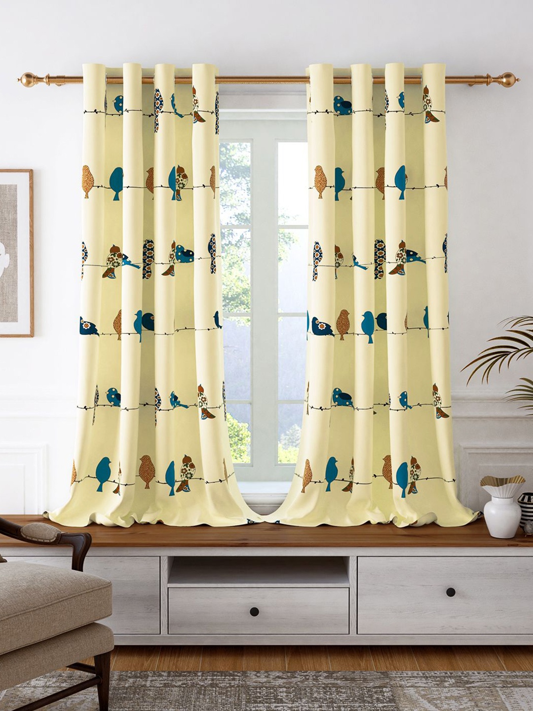 

Story@home Yellow & Blue 2 Pieces Birds Printed Cotton Room Darkening Window Curtains