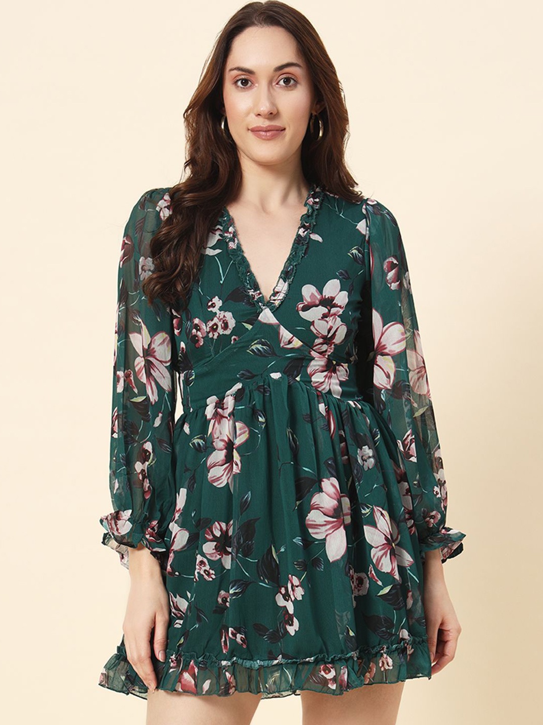 

HERE&NOW Floral Print Georgette A-Line Mini Dress, Green