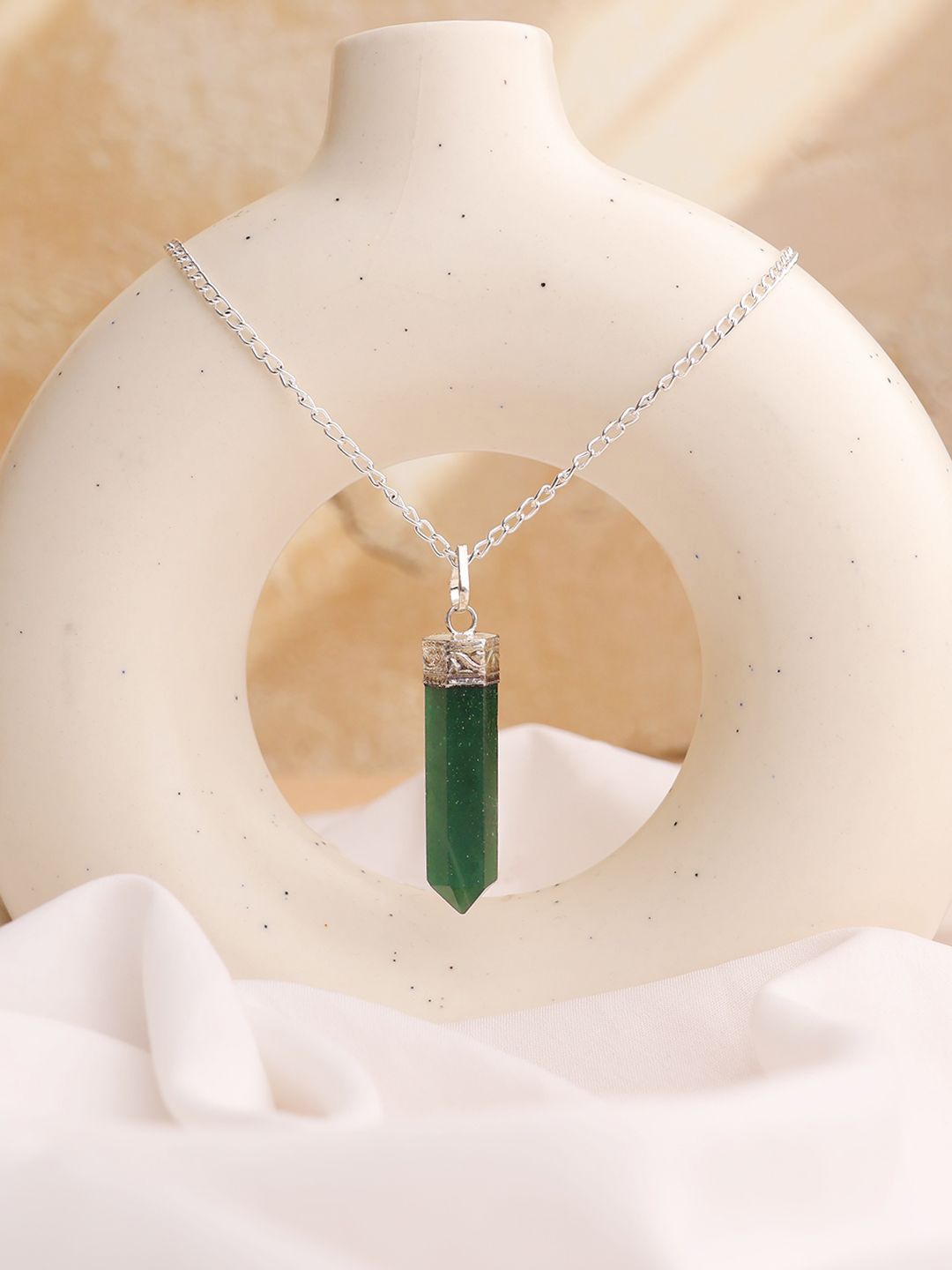 

Shubhanjali Unisex Silver-Plated Jade Stone Studded Pencil Pendant