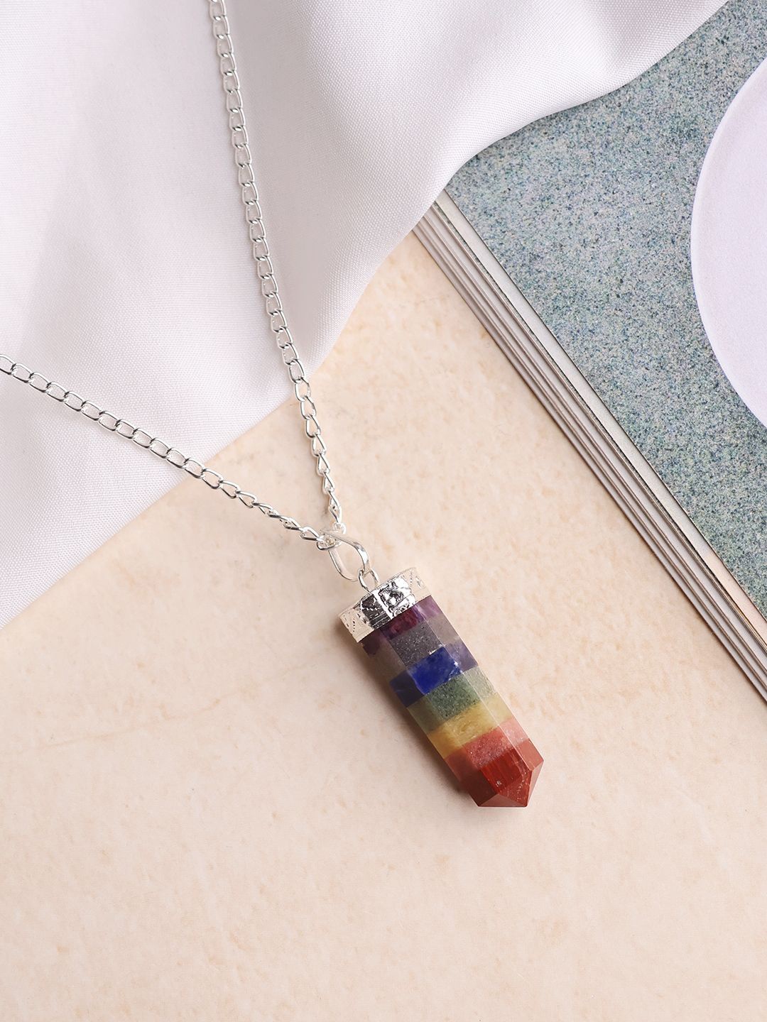 

Shubhanjali Unisex Silver-Plated 7 Chakra Stone Studded Pencil Pendant