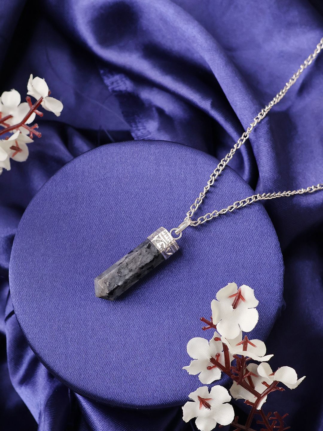 

Shubhanjali Unisex Silver-Plated Larvikite Stone Studded Pencil Pendant