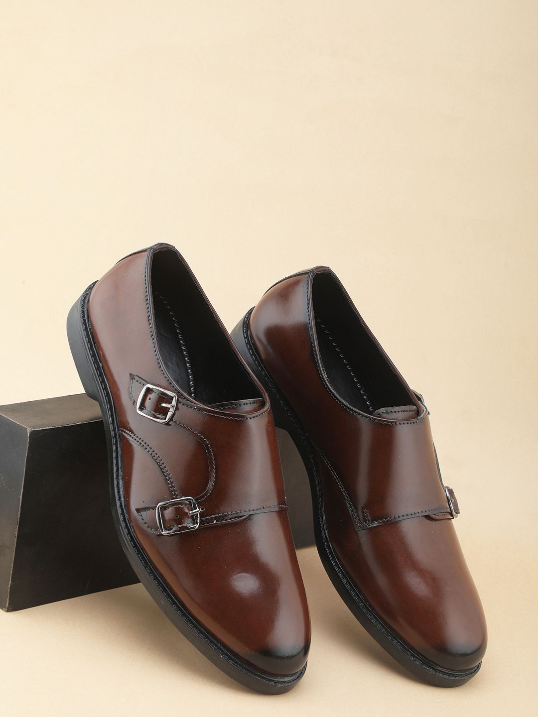 

Provogue Men Leather Formal Monk Shoes, Brown