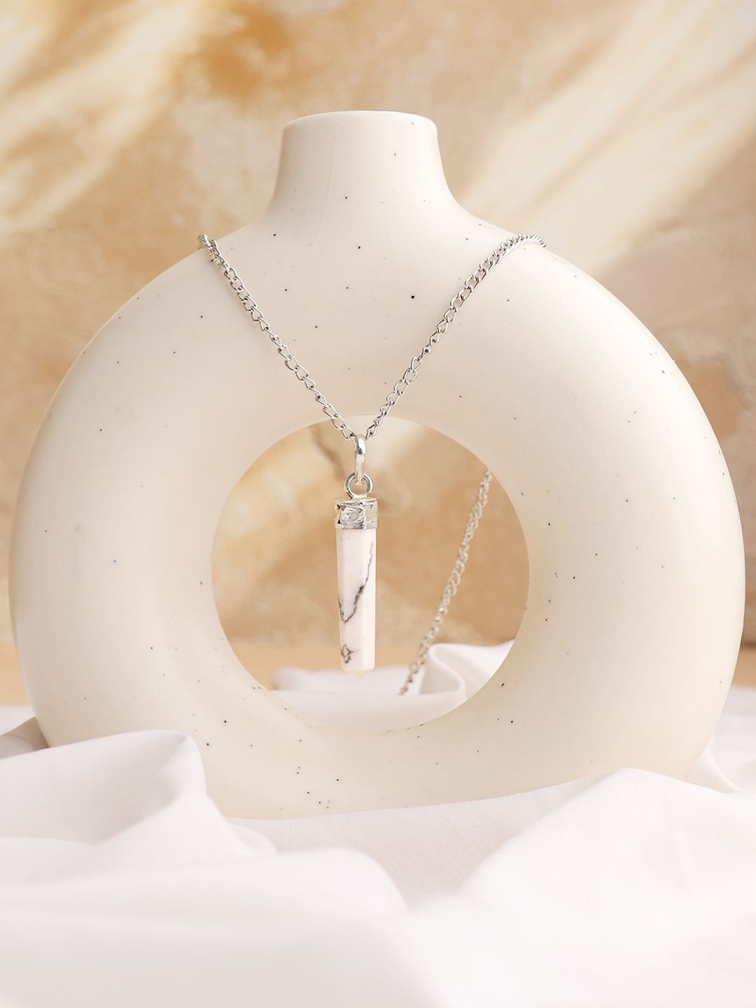 

Shubhanjali Unisex Silver-Plated Howlite Stone Studded Pencil Pendant, Off white