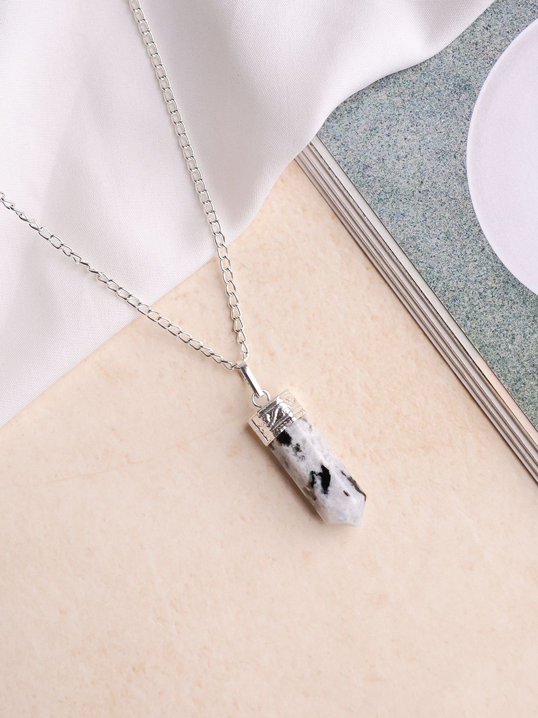 

Shubhanjali Unisex Silver-Plated Rainbow Moonstone Studded Pencil Pendant, White