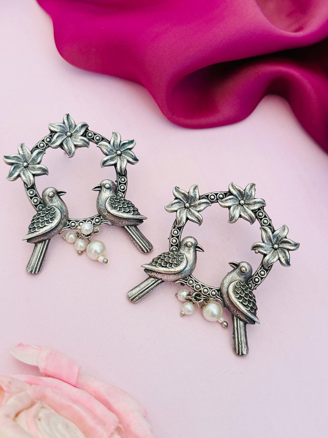 

Sangria Silver-Plated Beaded Peacock Shaped Studs Earrings