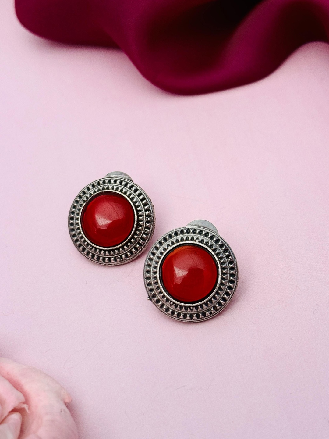 

Sangria Silver-Plated Stone-Studded Circular Studs Earrings