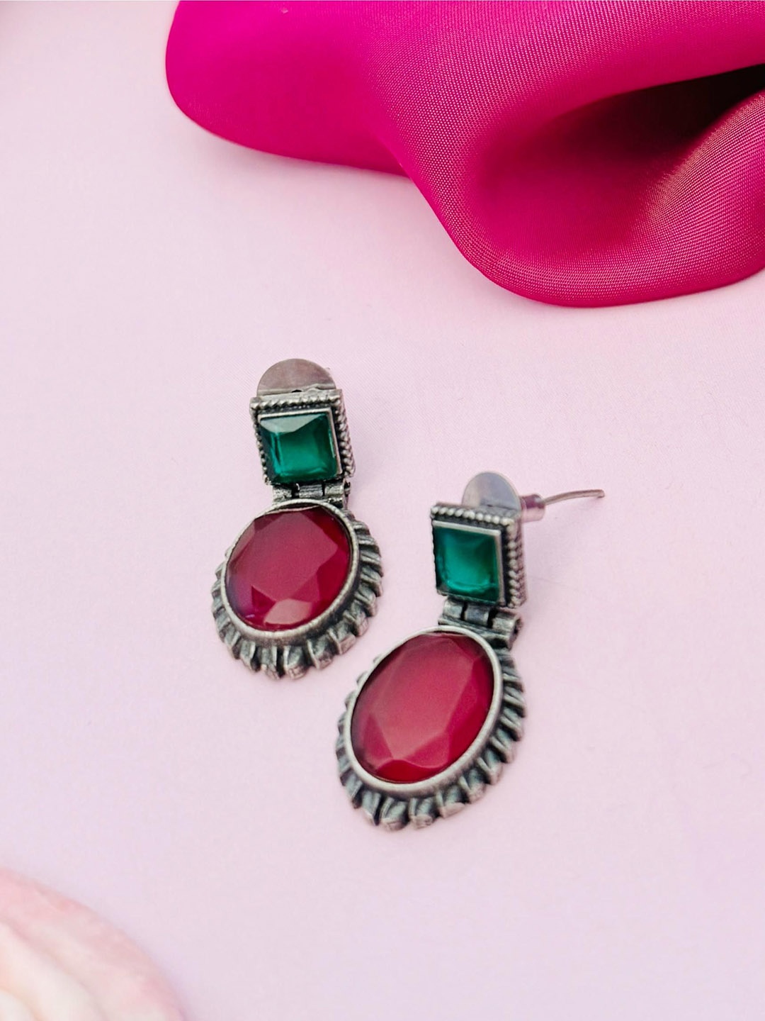 

Sangria Silver-Plated Stone-Studded Classic Drop Earrings