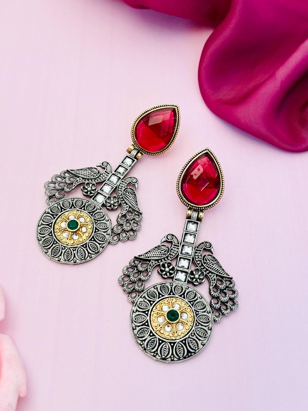 

Sangria Silver-Plated Stone-Studded Classic Drop Earrings