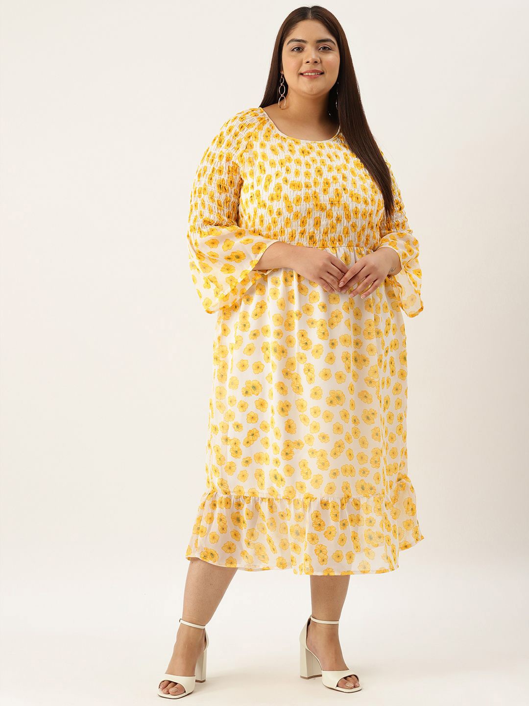 

theRebelinme Floral Print Bell Sleeve Georgette A-Line Midi Dress, Yellow