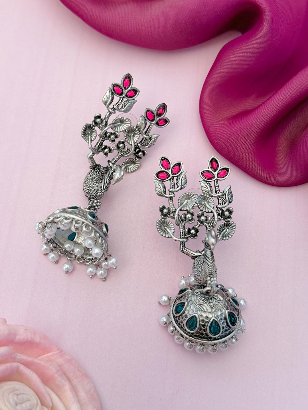

Sangria Silver-Plated Stone Studded Peacock Shaped Jhumkas