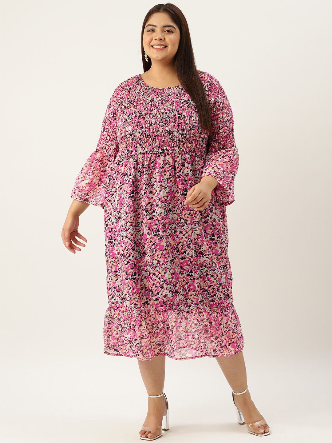 theRebelinme Floral Print Bell Sleeve Georgette A-Line Midi Dress, Pink