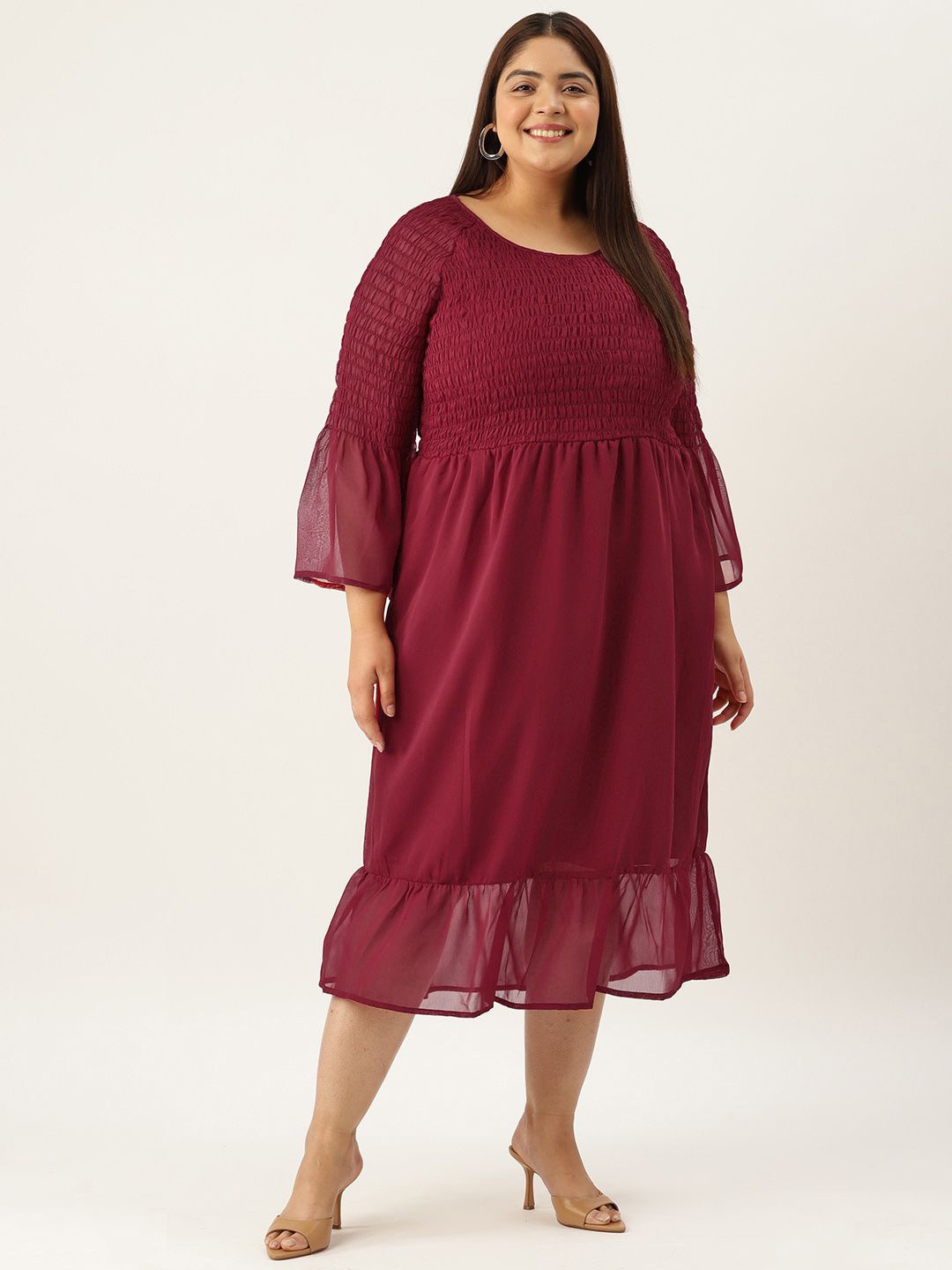 

theRebelinme Print Bell Sleeve Georgette A-Line Midi Dress, Maroon