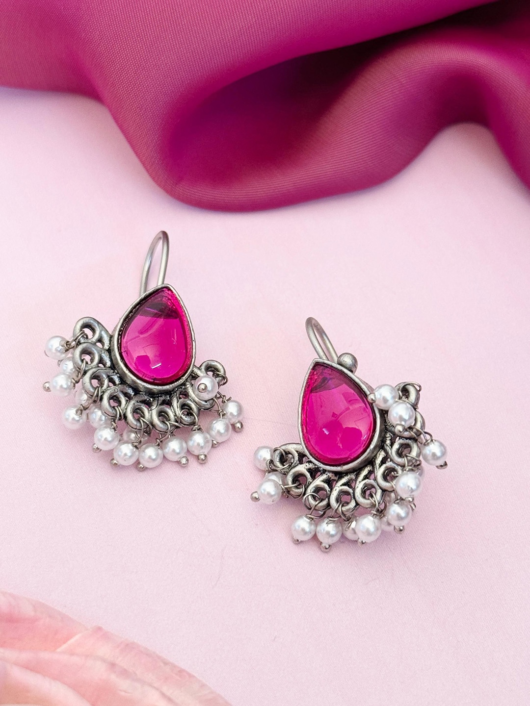 

Sangria German Silver-Plated Stones Studded Drop Earrings