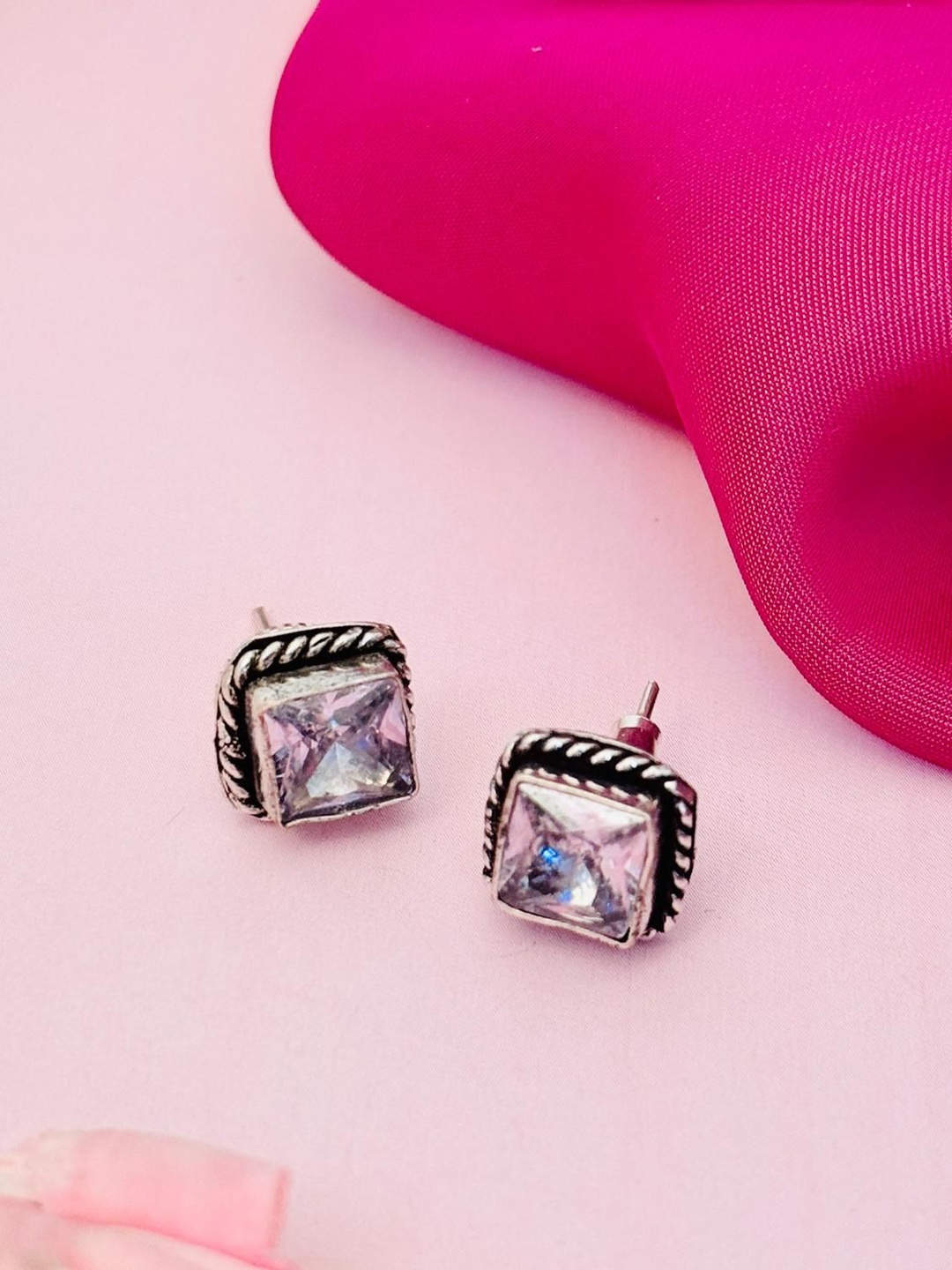 

Sangria Silver-Plated Stone-Studded Square Studs Earrings