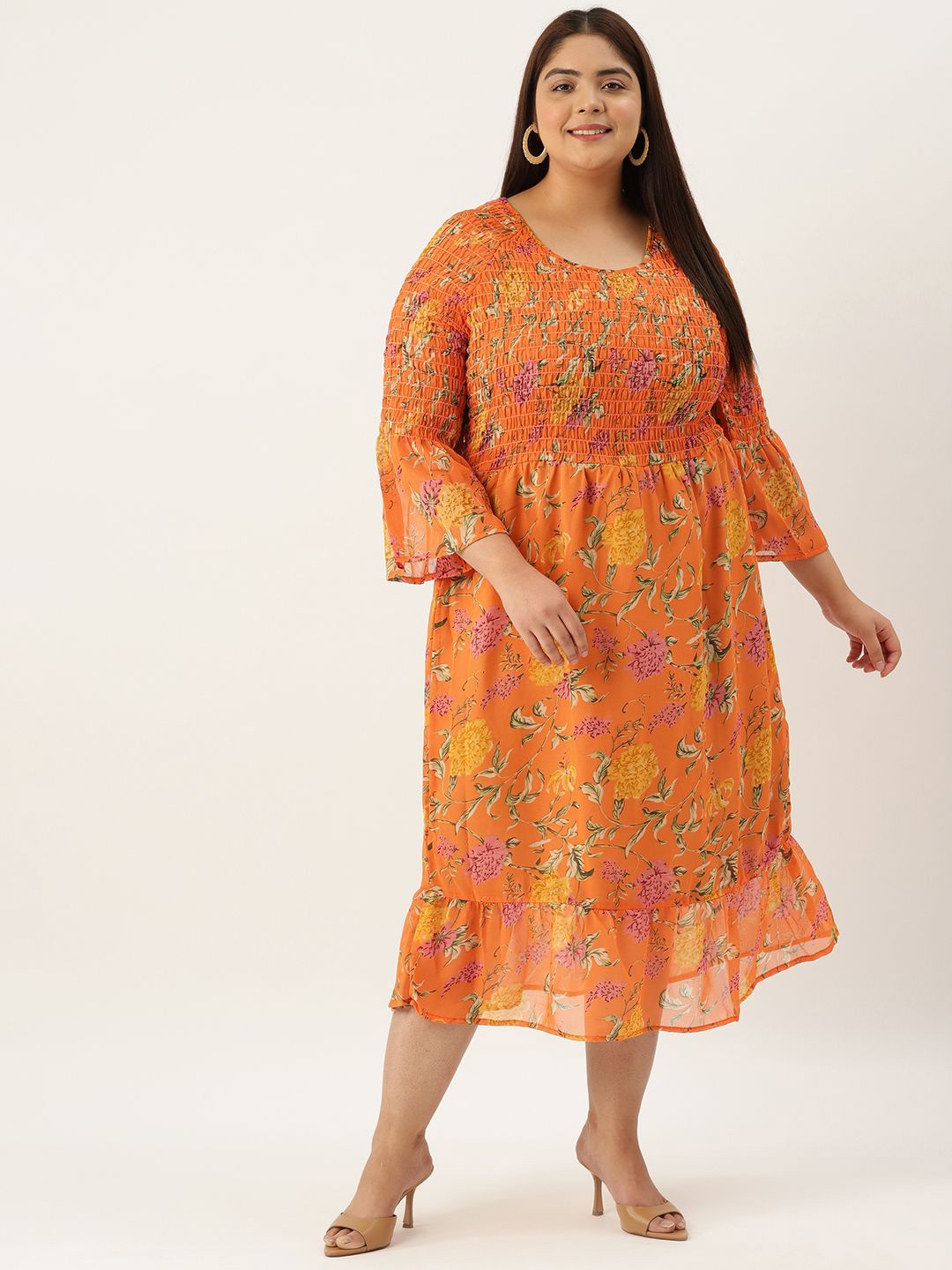 

theRebelinme Floral Print Bell Sleeve Georgette A-Line Midi Dress, Orange