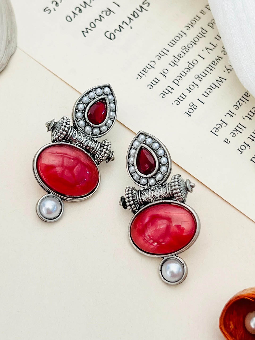 

Sangria German Silver-Plated Stone-Studded Classic Drop Earrings