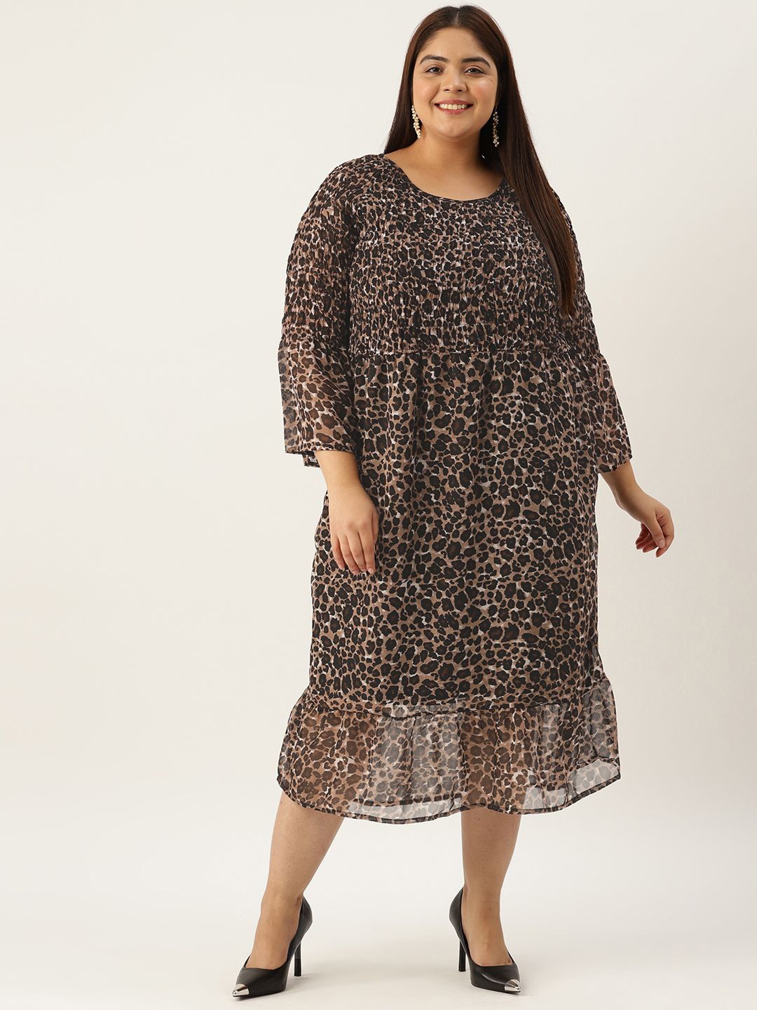 

theRebelinme Animal Print Bell Sleeve Georgette A-Line Midi Dress, Black