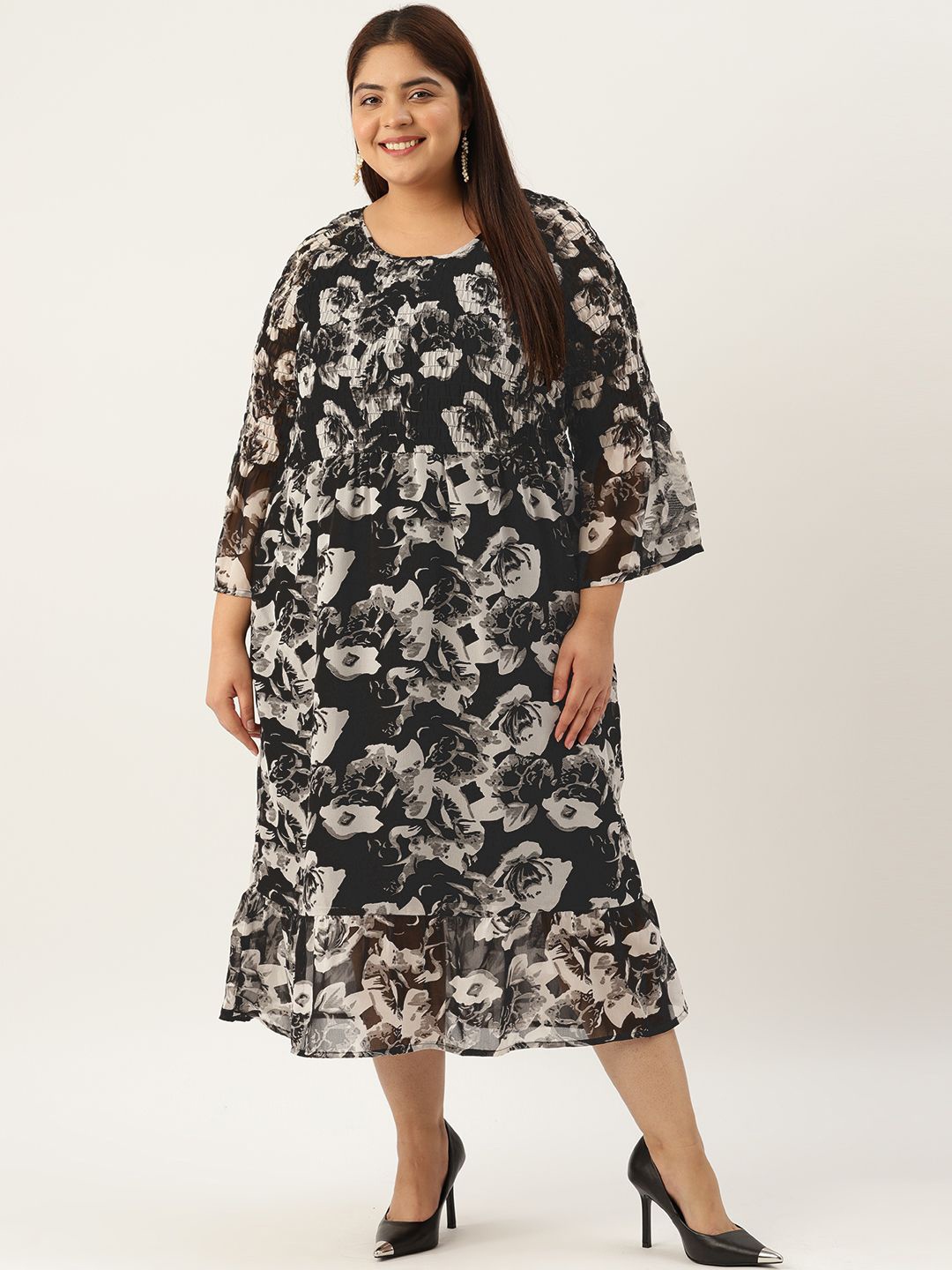 theRebelinme Floral Print Bell Sleeve Georgette A-Line Midi Dress, Black