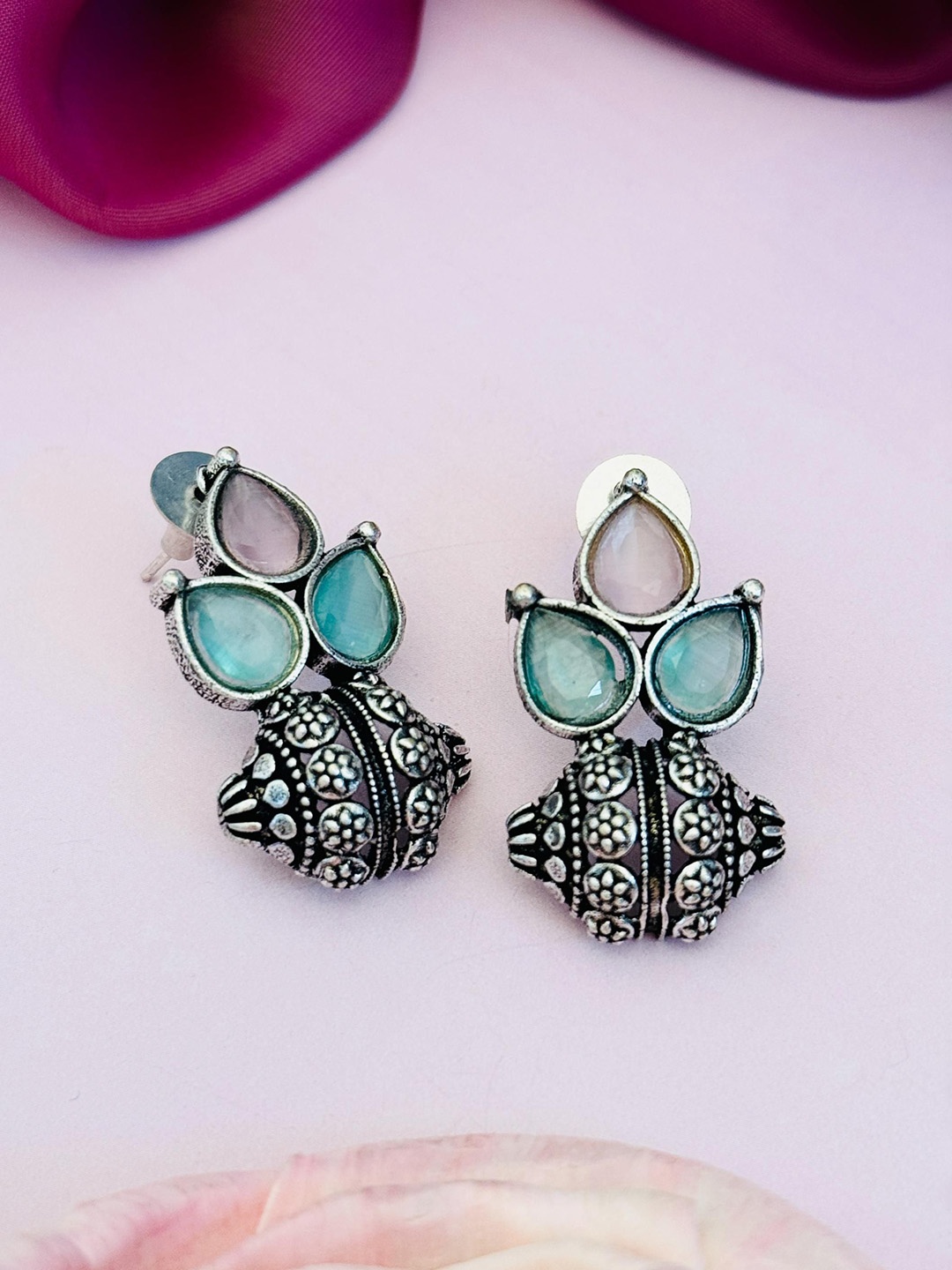 

Sangria Silver-Plated Stone Studded Drop Earrings