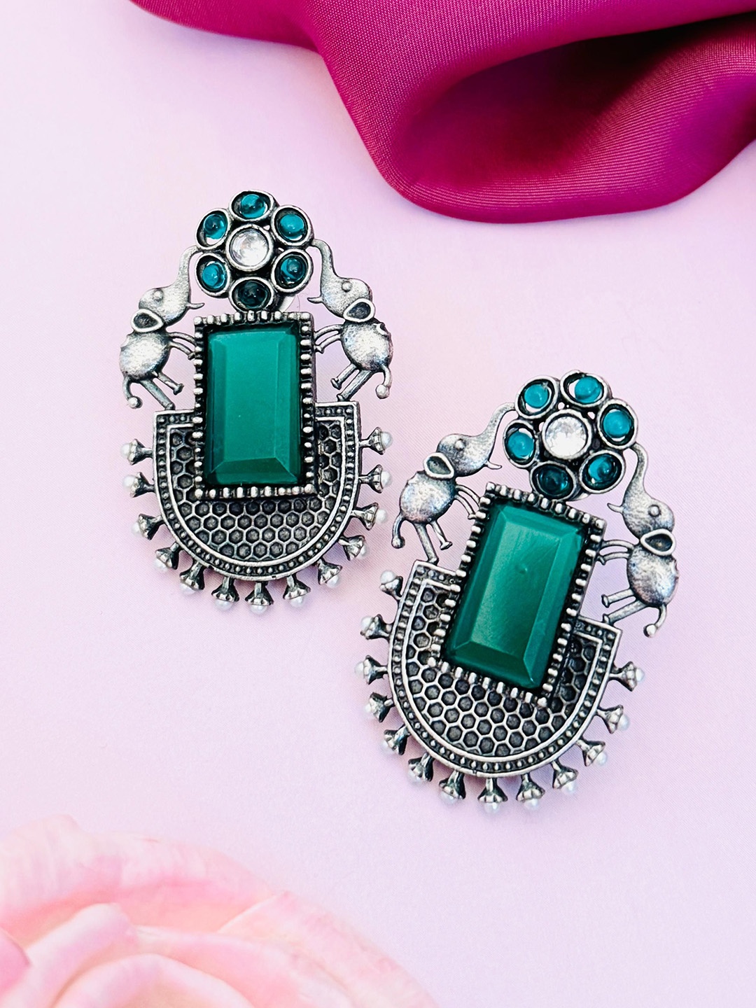 

Sangria Silver-Plated Stone-Studded Classic Drop Earrings