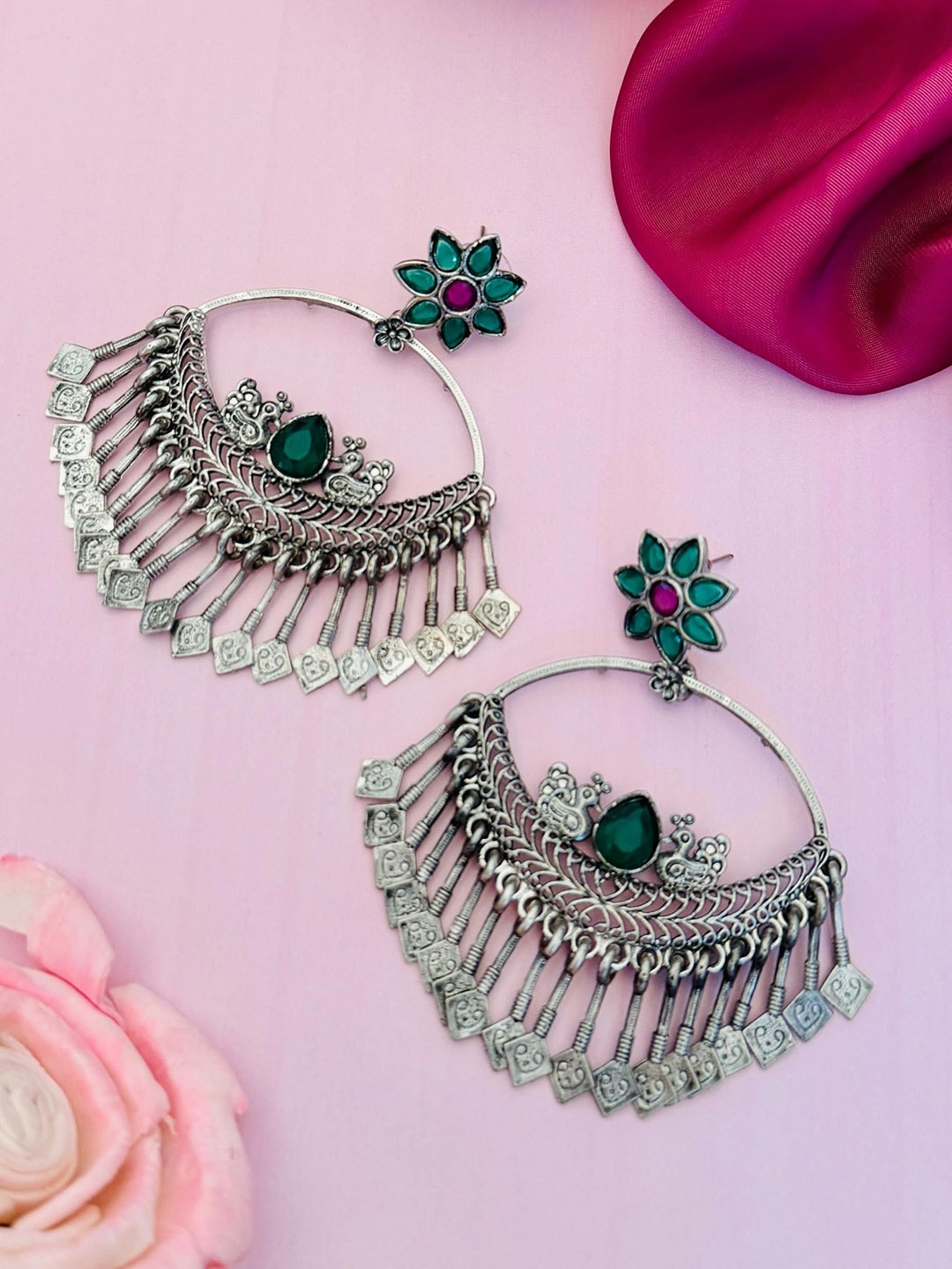 

Sangria German Silver-Plated Stone-Studded Drop Earrings