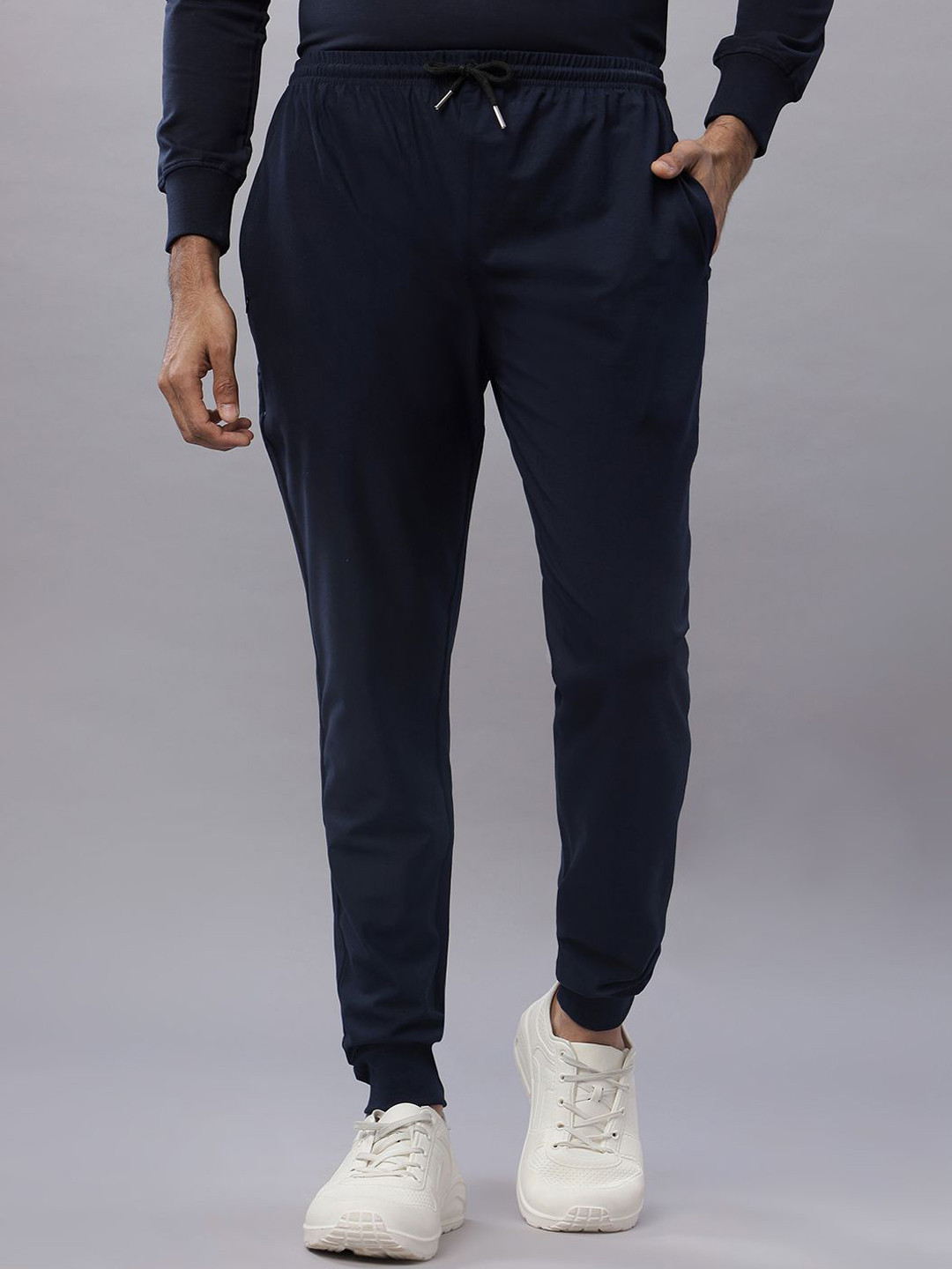 

N AND J Men Pure Cotton Mid-Rise Joggers, Navy blue