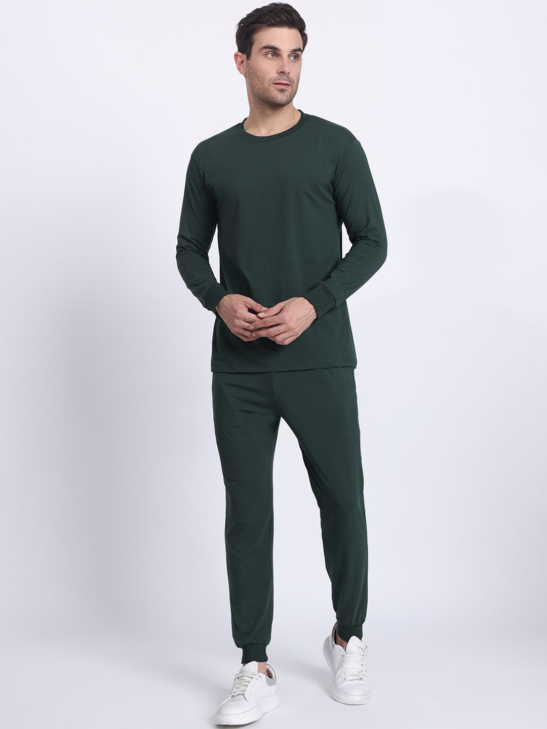 

N AND J Men Pure Cotton Mid-Rise Joggers, Green