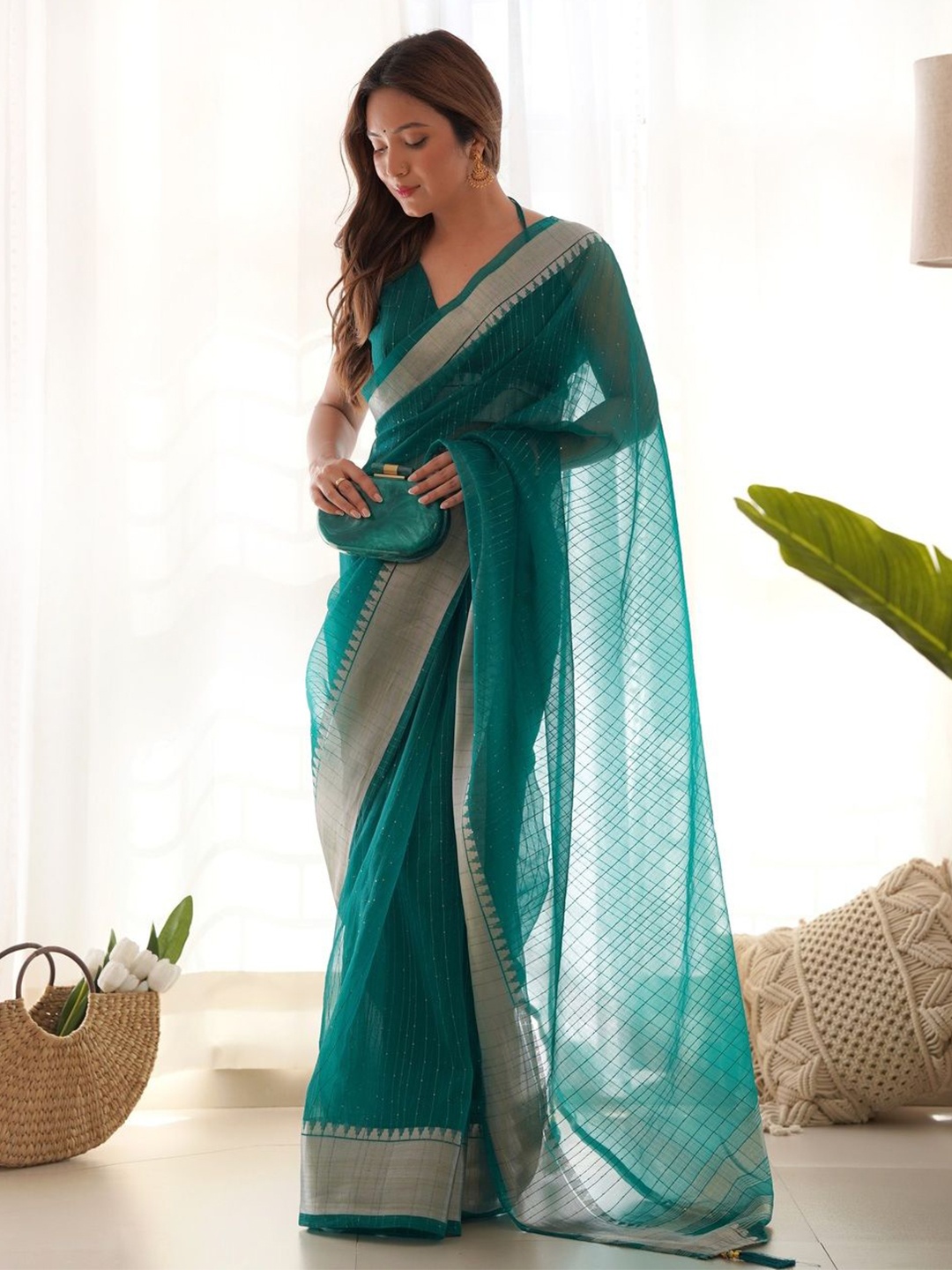 

KALINI Ethnic Motifs Organza Chanderi Saree, Green