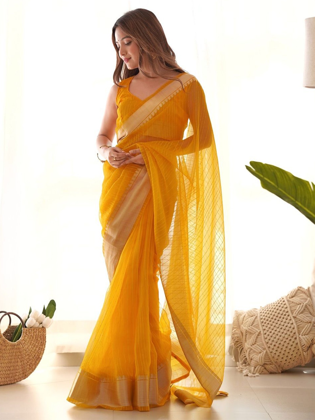 

KALINI Ethnic Motifs Zari Organza Chanderi Saree, Yellow