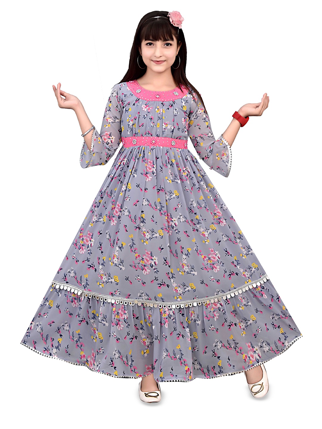 

AJIZA GARMENTS Floral Applique Georgette Maxi Dress, Grey