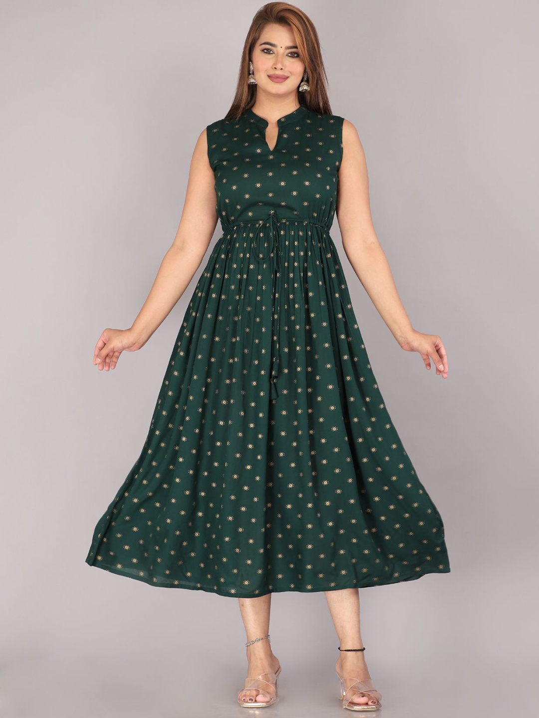 

KALINI Ethnic Motifs Printed Mandarin Collar A-Line Dress, Green