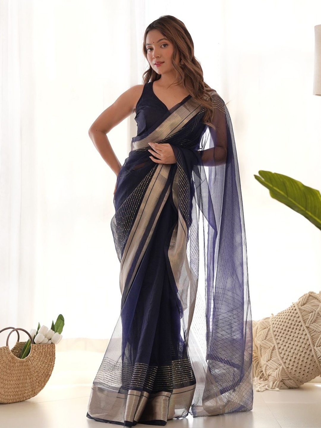 

KALINI Ethnic Motifs Sequinned Organza Chanderi Saree, Blue