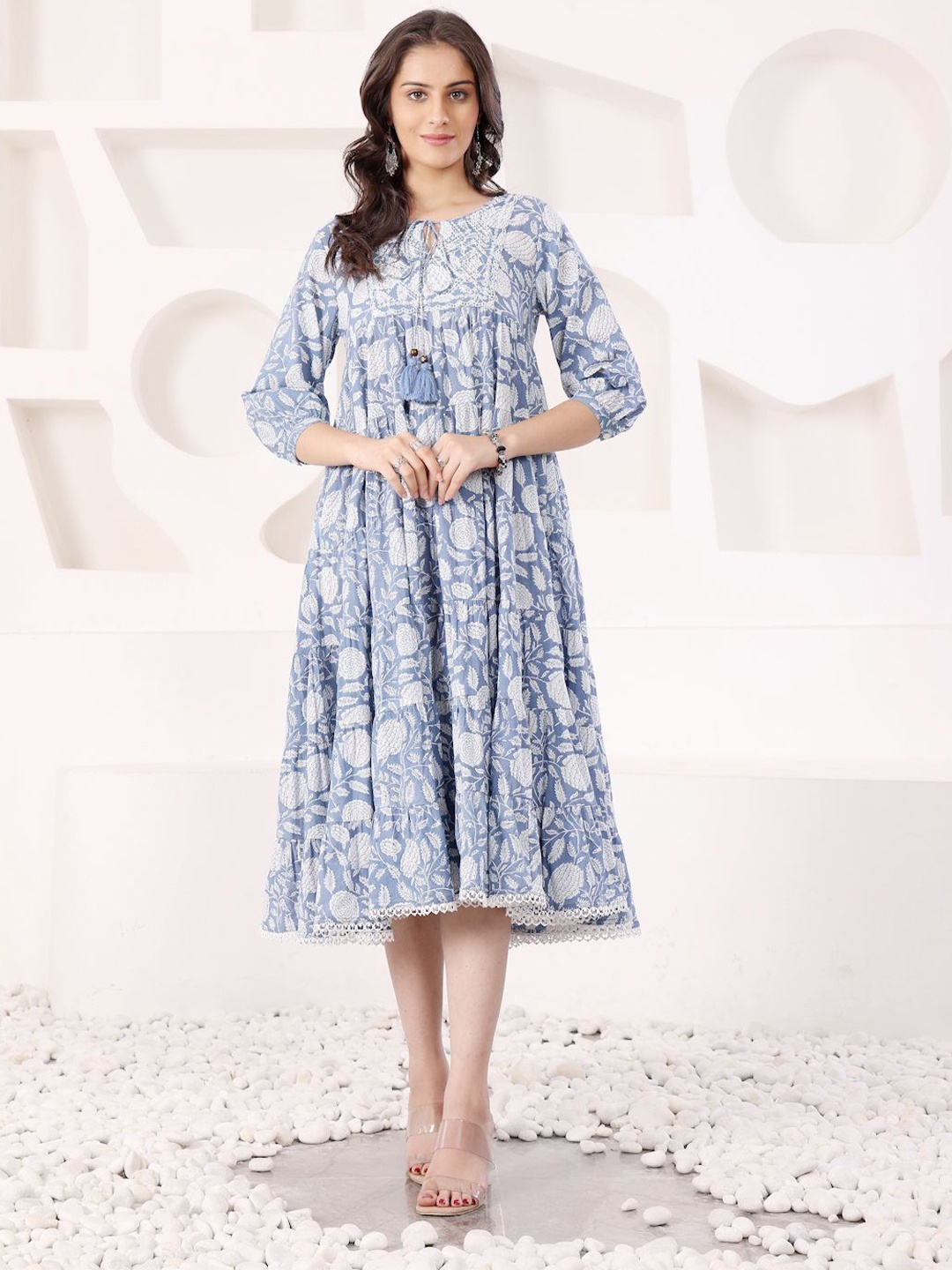 

SAVI Floral Print Tie-Up Neck Fit & Flare Midi Dress, Blue