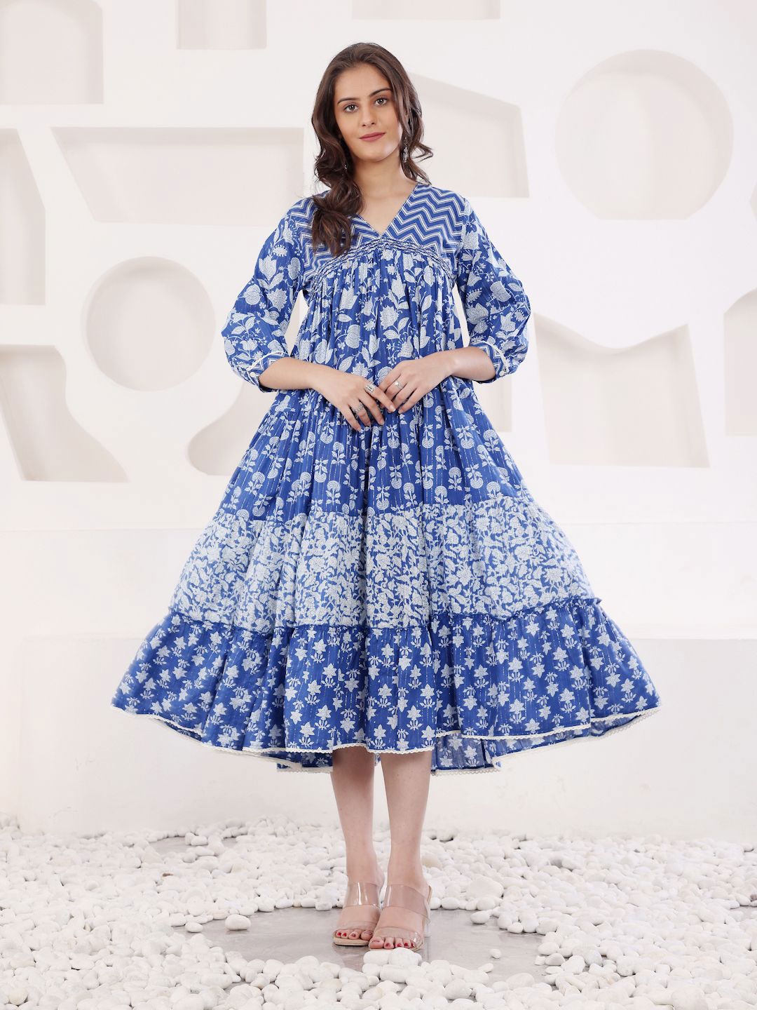 

SAVI Floral Print Puff Sleeve Fit & Flare Midi Dress, Blue
