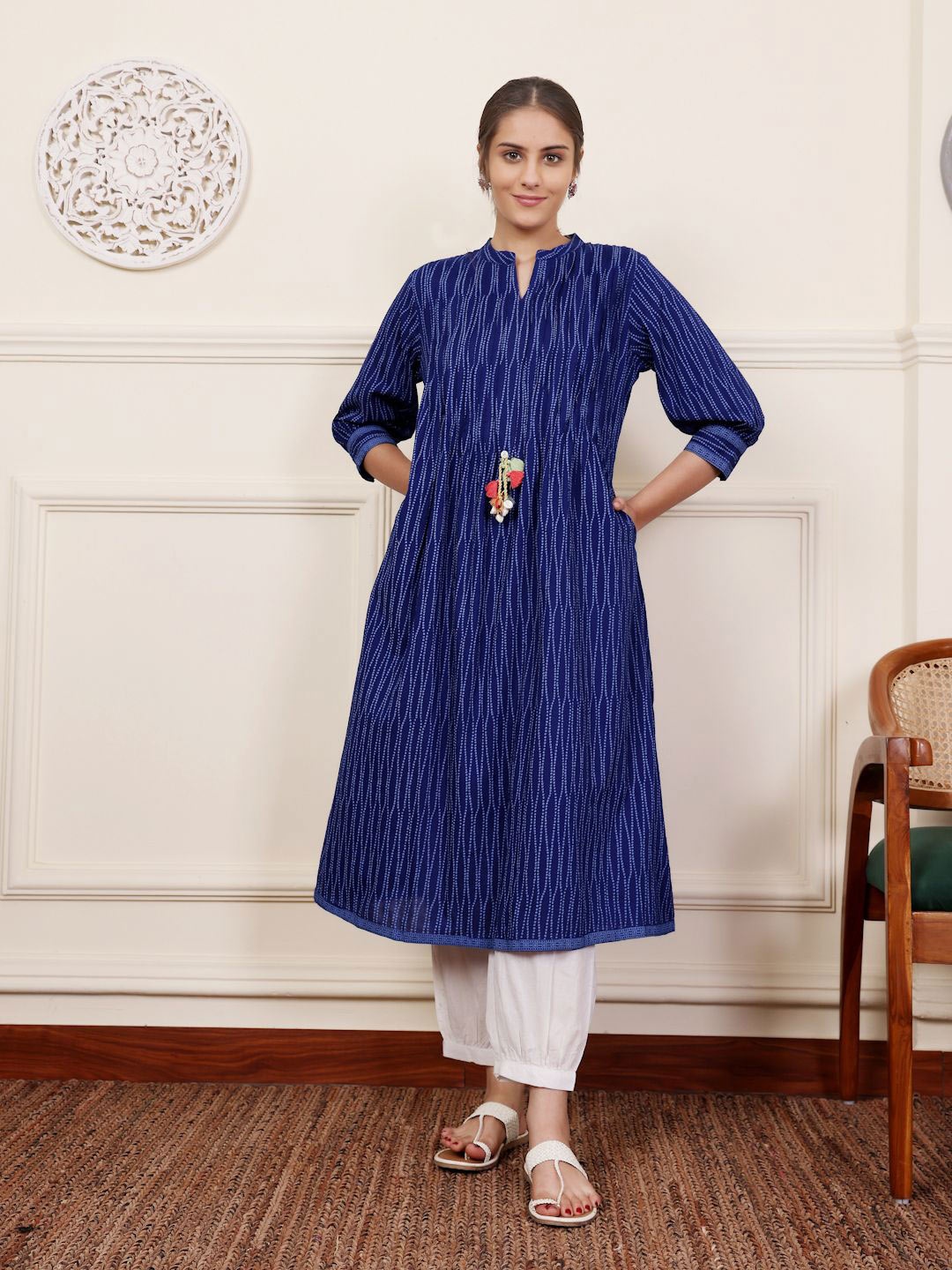 

SAVI Ethnic Motifs Print Puff Sleeve A-Line Midi Dress, Blue