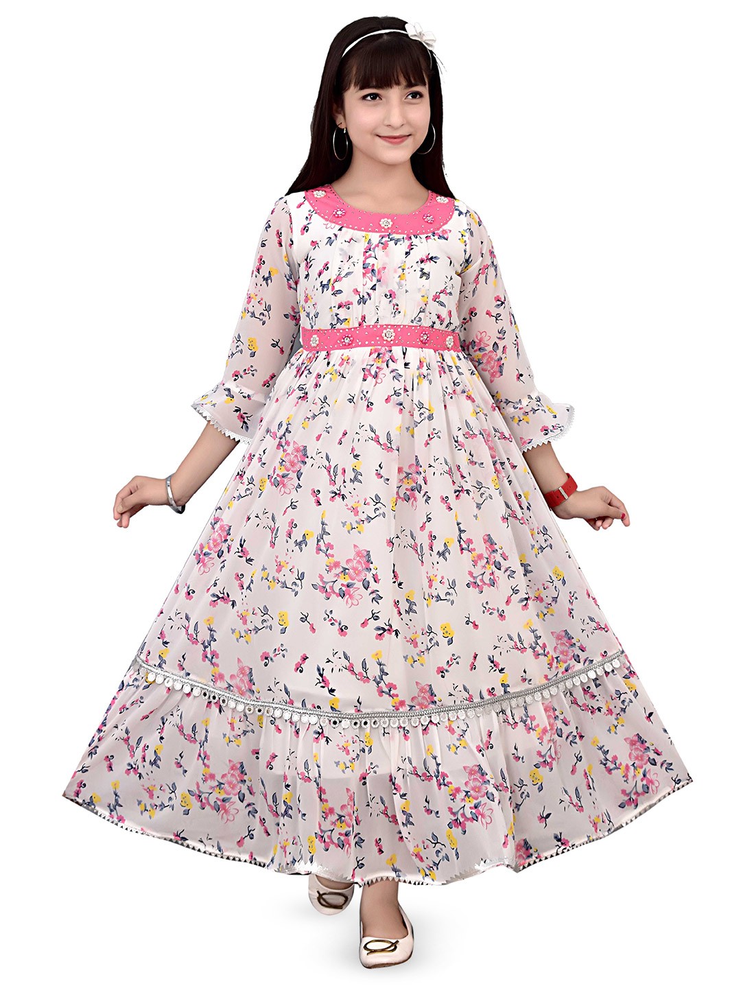 

AJIZA GARMENTS Floral Applique Georgette Maxi Dress, White
