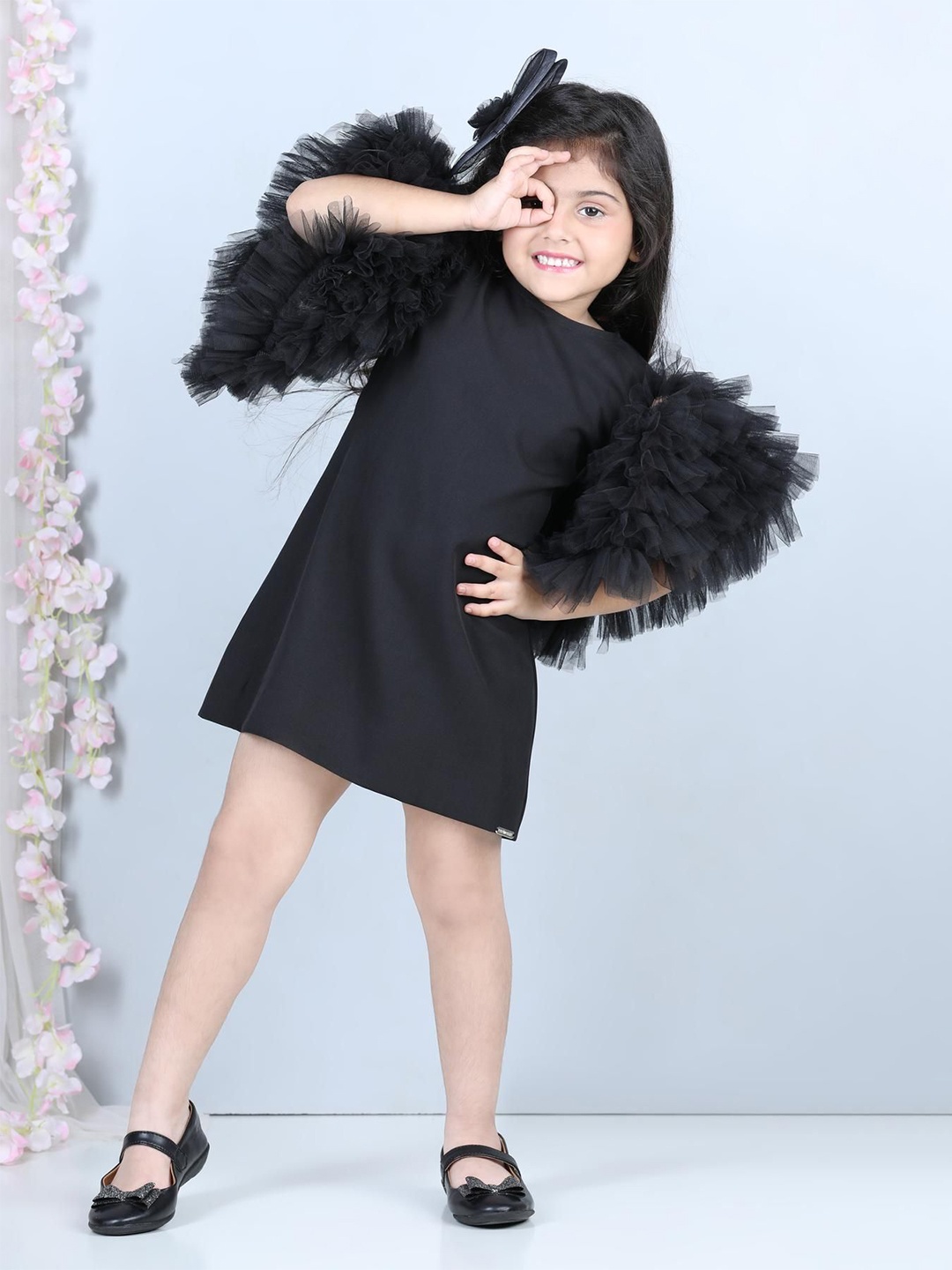 

THE LITTLE CELEBS Flared Sleeve Crepe A-Line Dress, Black
