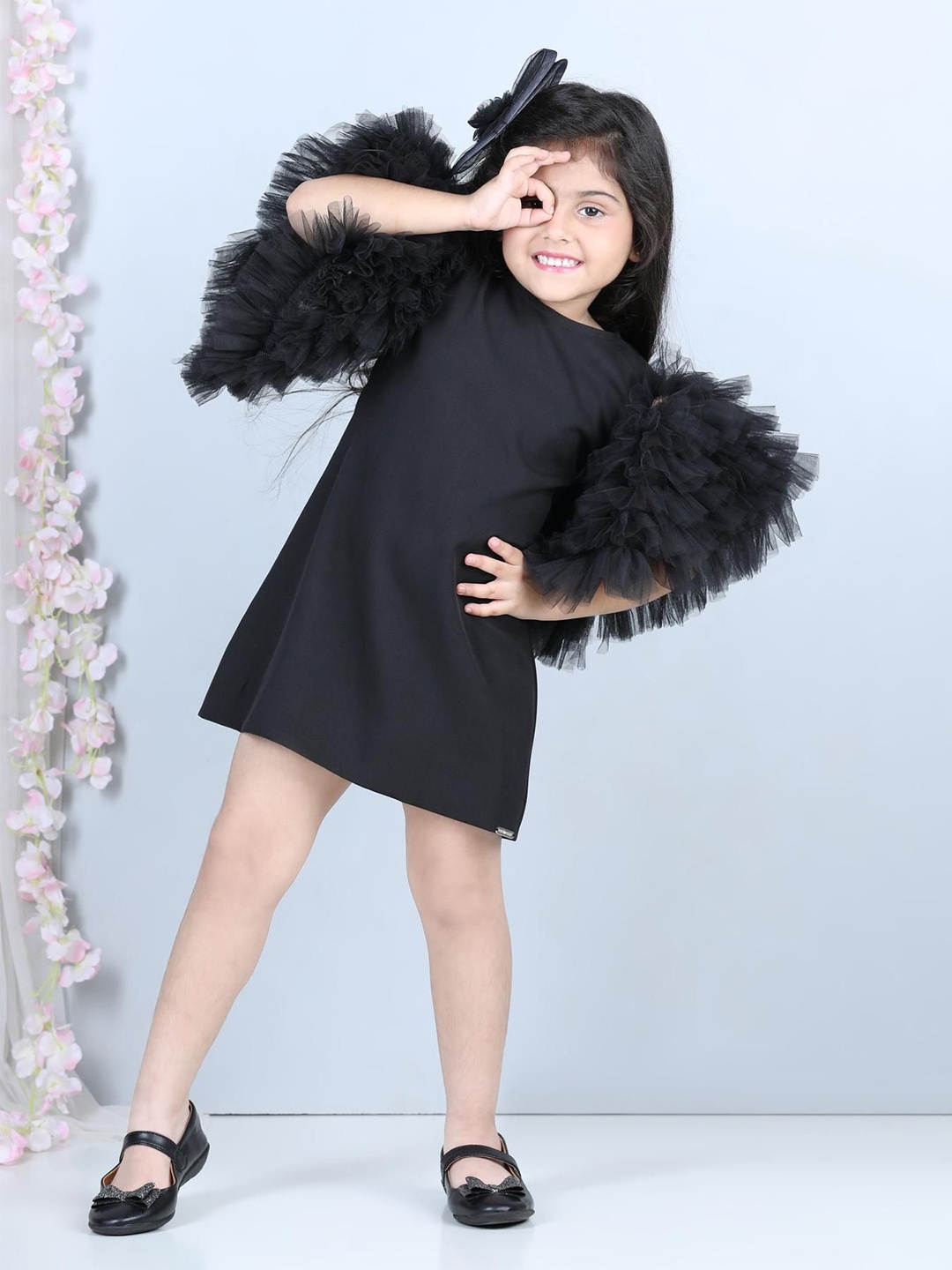 

THE LITTLE CELEBS Flared Sleeve Crepe A-Line Dress, Black