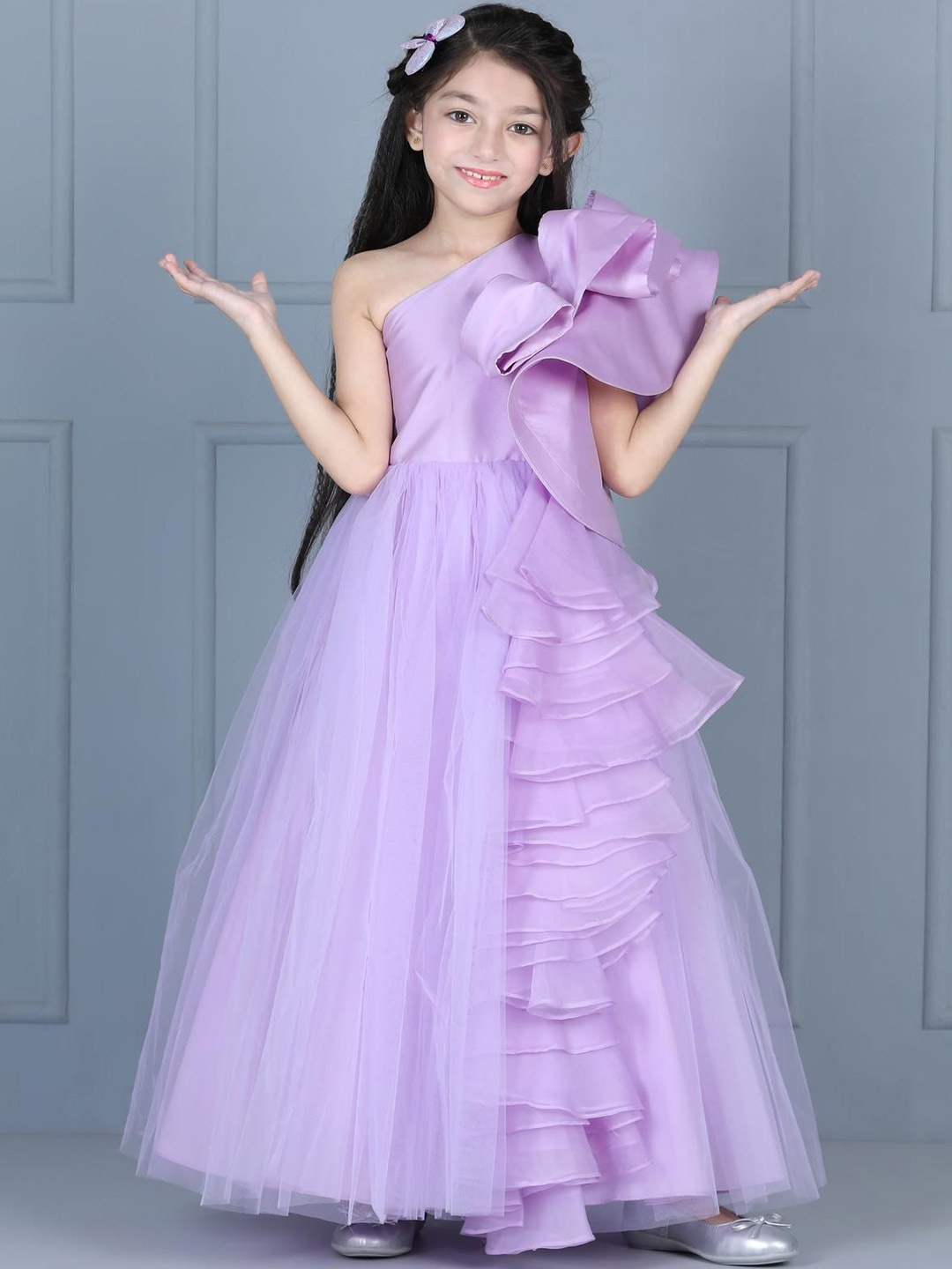 

THE LITTLE CELEBS Net Fit & Flare Maxi Dress, Purple