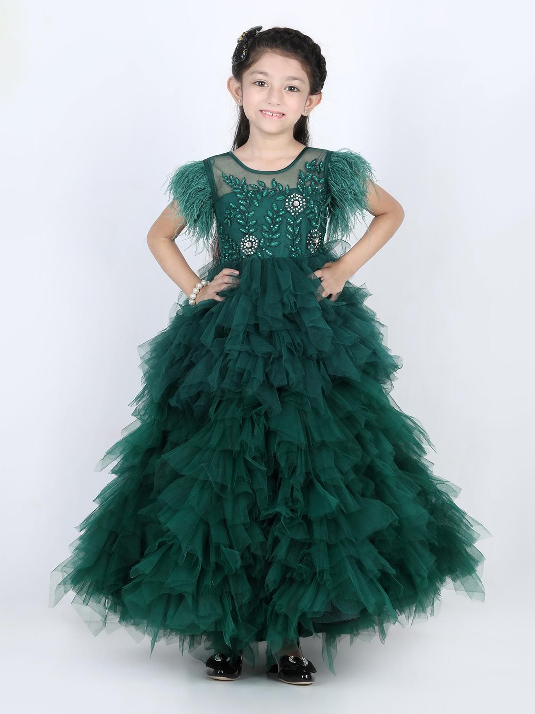 

THE LITTLE CELEBS Net Fit & Flare Dress, Green