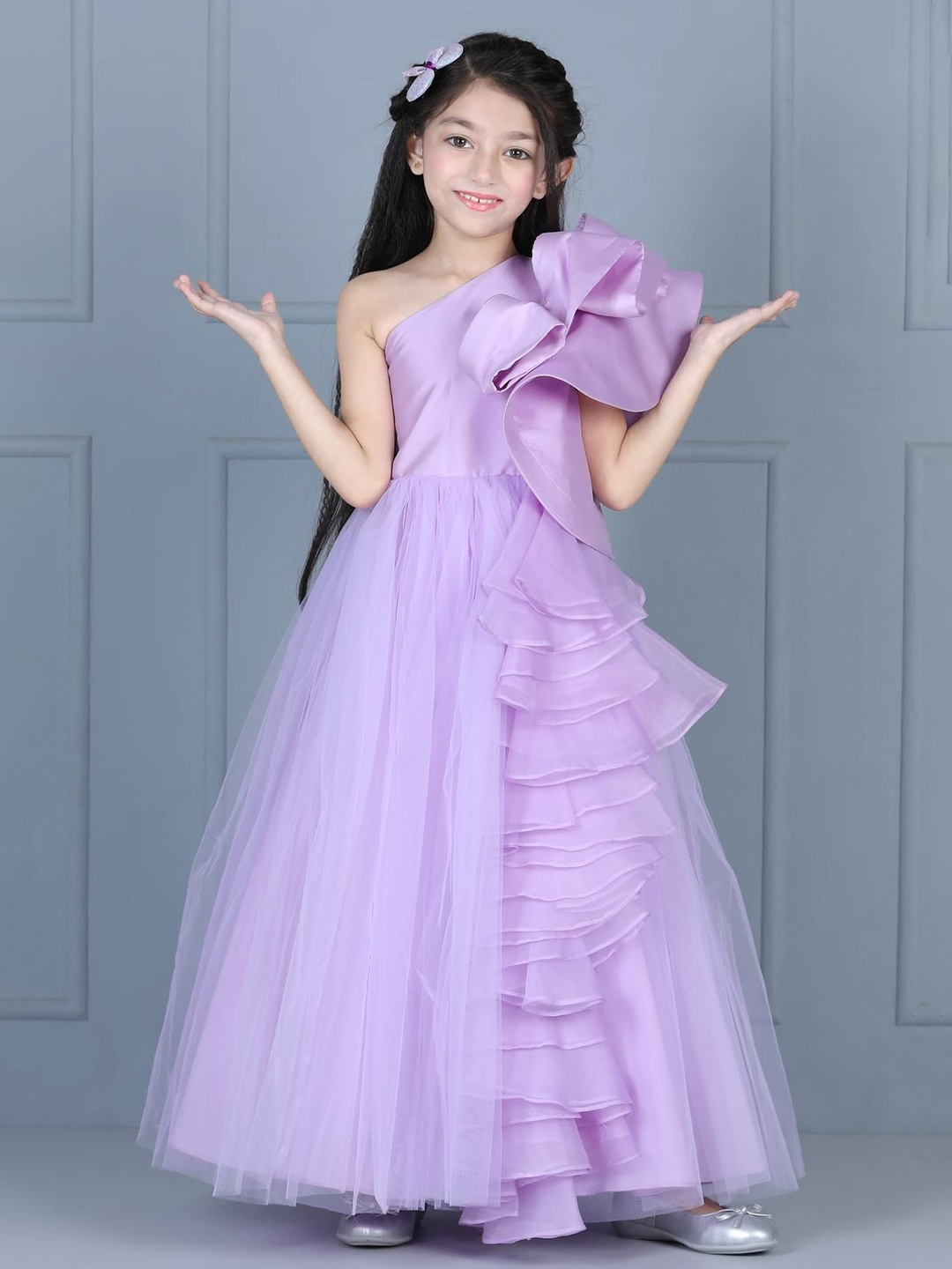

THE LITTLE CELEBS Net Fit & Flare Maxi Dress, Purple