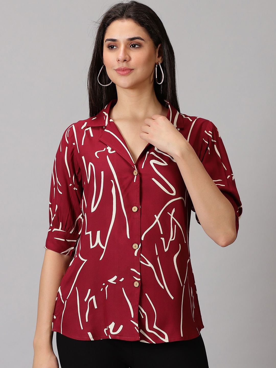 

PURSHOTTAM WALA Women Standard Fit Abstract Printed Casual Shirt, Maroon